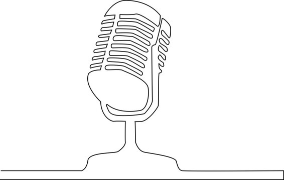 Minimalist continuous line drawing of a vintage podcast microphone for podcasting, audio recording, broadcasting, radio and media production.