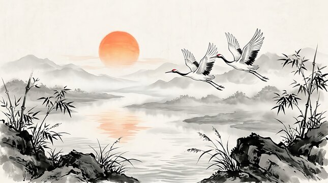 Majestic red crowned cranes fly gracefully over misty mountains and tranquil lake at sunrise creating peaceful natural landscape perfect for traditional art and oriental themes.