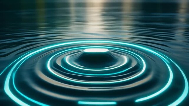 Abstract Neon Light Ripples on Water Surface, Futuristic Glow Effect, Sci-Fi Technology Concept