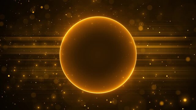 A luminous golden orb with a bright circular rim floats among light streaks, bokeh and particles, creating a cinematic abstract centerpiece for luxury intros, reveals and futuristic video backgrounds.