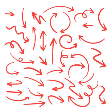 A dynamic collection of hand-drawn red arrows pointing in different directions, creating an energetic and chaotic directional pattern.
