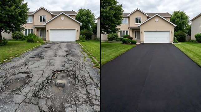Split image shows comparison between damaged pothole-filled asphalt driveway and newly paved black asphalt driveway for home improvement and repair services.
