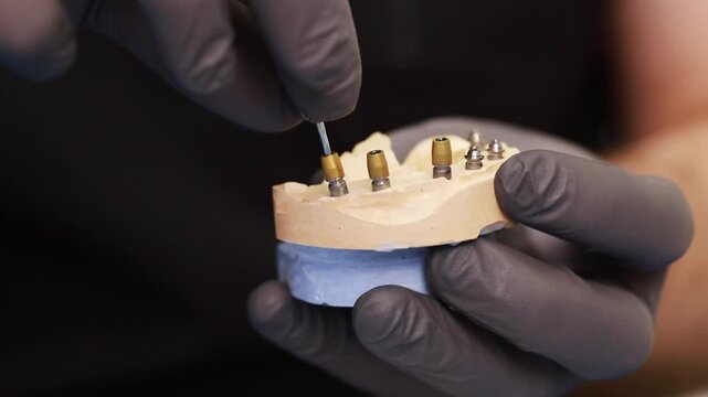 Professional dental laboratory instruments and precision metal components arranged on wooden work surface, including dental handpiece-like adjustment tool, torque wrench, textured metal fixation plate