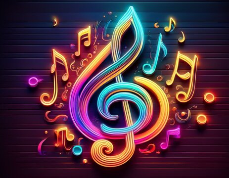 neon music quiz sign with treble clef and notes in vibrant colors on dark background