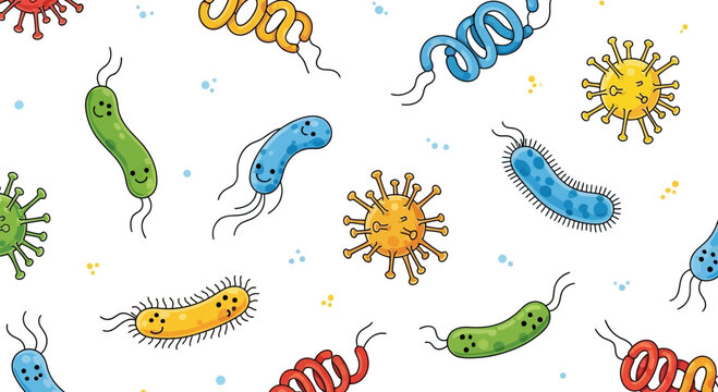 Cute Cartoon Bacteria and Viruses Pattern, Funny Microbes, Science and Health Illustration