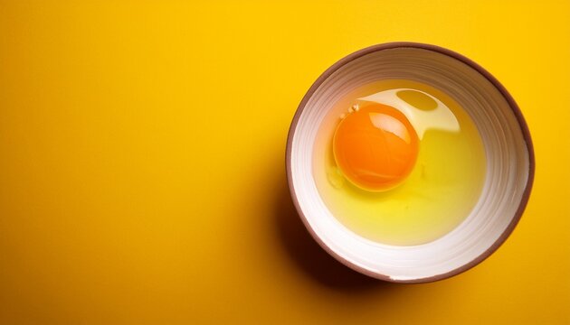 raw egg yolk and white in a ceramic bowl on a bright yellow background with negative space