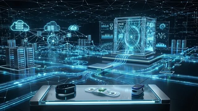 Data center cloud network technology server circuit digital cybersecurity interface glowing smart city infrastructure connection dashboard data stream future urban storage analytics model