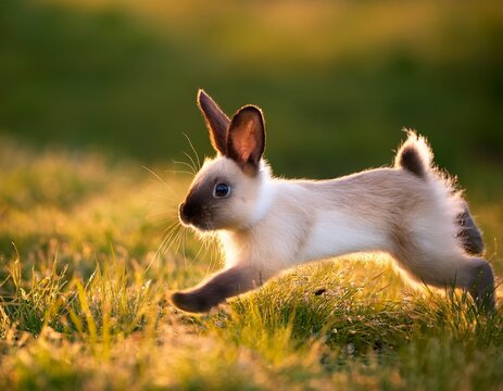 little siamese rabbit running on the field in summer