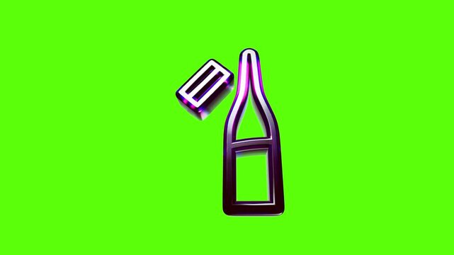 Purple neon outline icon of a wine bottle and a cork stopper isolated on a bright green background