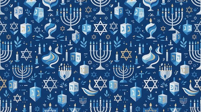 A contemporary illustration featuring a seamless pattern of stylized Hanukkah symbols like menorahs, dreidels, and Stars of David in a modern color palette. 