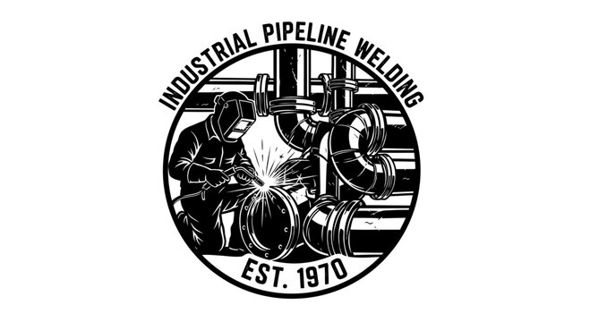 Industrial Pipeline Welding Est. 1970 Logo: Welder Working on Metal Pipes