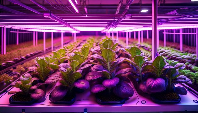 vertical farming indoor facility with rows of green leafy plants under purple led lights hydroponics agriculture technology sustainability greenhouse