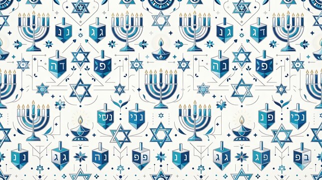 A contemporary illustration featuring a seamless pattern of stylized Hanukkah symbols like menorahs, dreidels, and Stars of David in a modern color palette. 