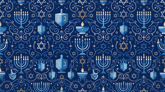 A contemporary illustration featuring a seamless pattern of stylized Hanukkah symbols like menorahs, dreidels, and Stars of David in a modern color palette. 