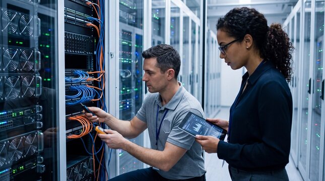 Technicians working on server rack, managing cables and connections in modern data center for optimal performance.