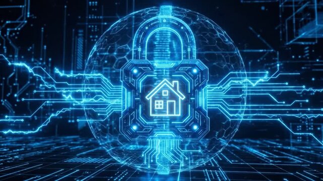 Smart home cybersecurity network lock with digital circuit technology, data protection, internet privacy, glowing blue interface, secure automation concept, encrypted house sphere