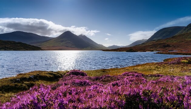 pristine lake with mountains and purple scottish heather flowers scotland landscape