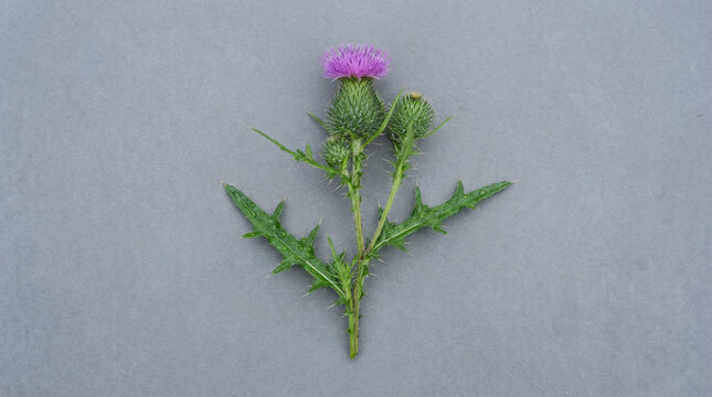 A single blooming Canada thistle icon isolated on a neutral grey background representing wild nature in this minimalist studio botanical flower portrait.