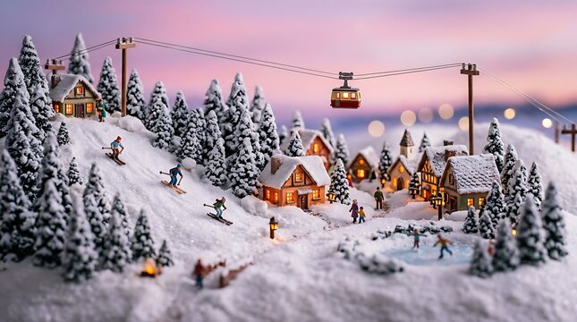 Miniature ski resort village nestled in snowy mountains with skiers enjoying winter sports and cable cars operating against colorful sunset sky.
