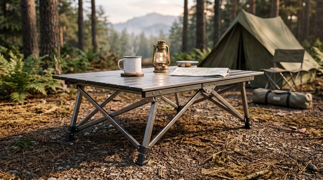 Folding camping table set up in a forest near a tent  