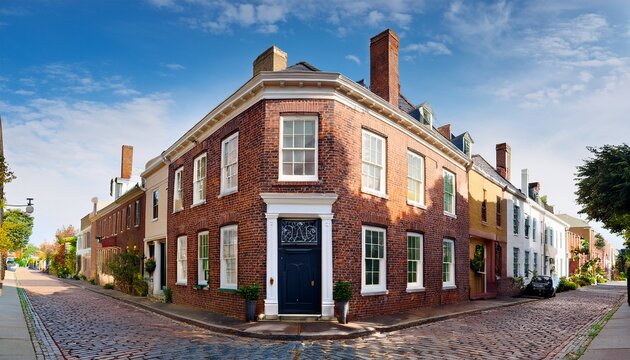 corner light brick townhouse on cobblestone street in daylight