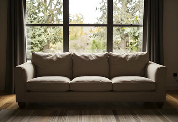 Fototapeta premium Cozy living room interior with comfortable sofa and large window, home comfort and relaxation