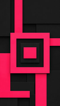 Modern geometric abstract background with layered black and bright pink squares and rectangles creating a sense of depth and architectural structure for a vibrant mobile phone wallpaper