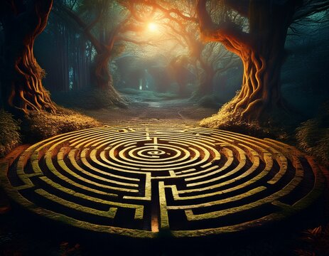 celtic maze forest labyrinth with light in the center