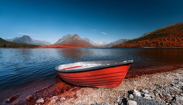 boat on the shore of a lake silver and red rocky shore mountains in the distance landscape photography
