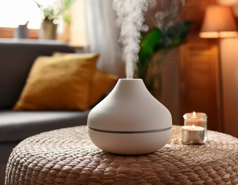 white ceramic aroma essential oil diffuser emitting fine mist in cozy room