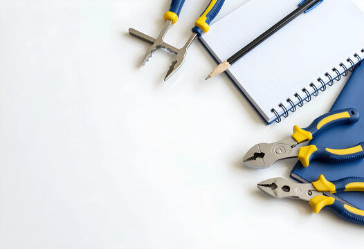 Home improvement and diy projects, construction tools with notebook and pencil on a clean white background