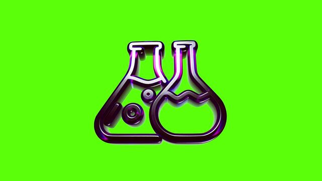 Shiny metallic chemistry lab flasks icon with liquids inside for science research and education concepts