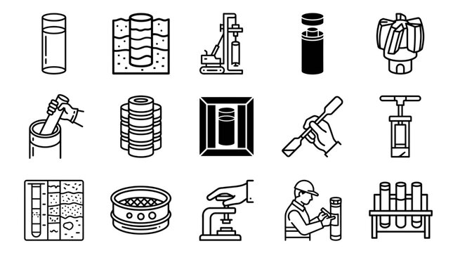 Geotechnical Engineering and Soil Testing Icon Set for Laboratory Analysis and Construction Survey