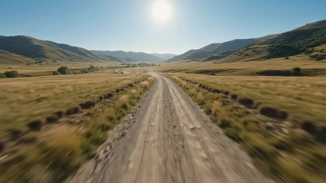 fast movement along empty dirt road through summer valley. scenic rural landscape with green hills under bright sun and blue sky. trip, journey, travel concept, background