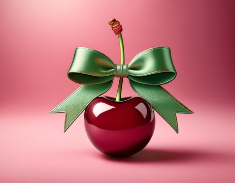 juicy ripe sweet cherry with a green decorative bow creative aesthetic fruit layout pastel pink background
