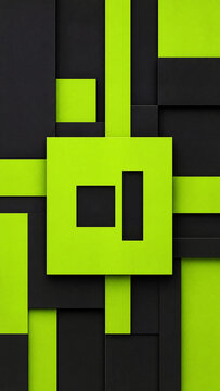 Modern geometric abstract background with layered lime green and charcoal grey rectangular shapes creating a 3D architectural effect with clean lines and sharp contrasting shadows