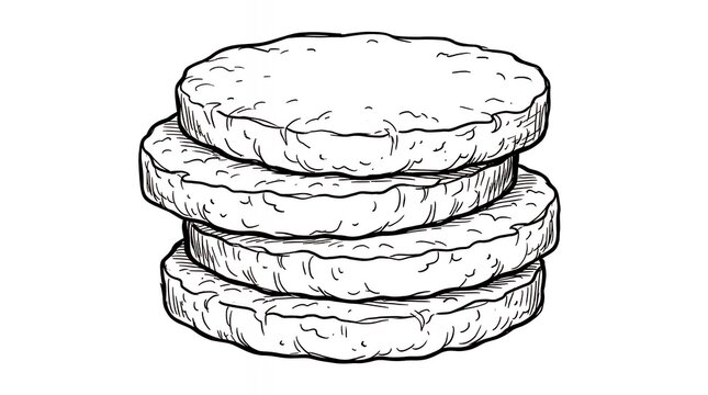 Vintage monochrome line art sketch of a stack of raw beef hamburger patties isolated on a clean white background for coloring book design burger patty isolated drawing line art style sketch design