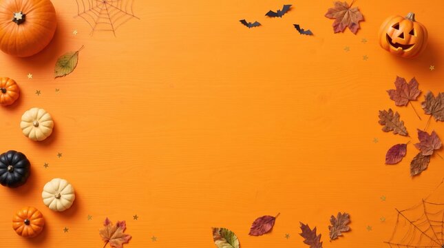 A vibrant orange halloween background, top-down, features festive pumpkins and autumn leaves creating a decorative border with ample copy space.