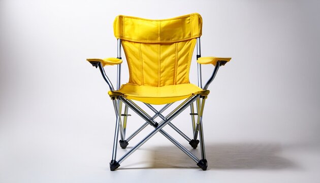 single bright yellow folding chair with metal legs on white background