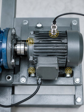 Industrial electric motor with vibration sensors and highlighted mounting points. Predictive maintenance, condition monitoring, engineering inspection, and smart manufacturing technology concept.