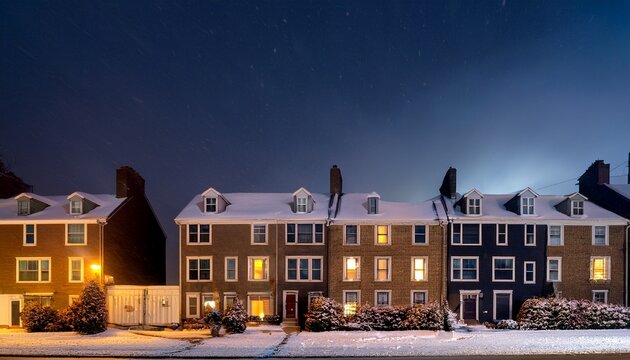 dark row house with snow on sidewalk and illuminated windows