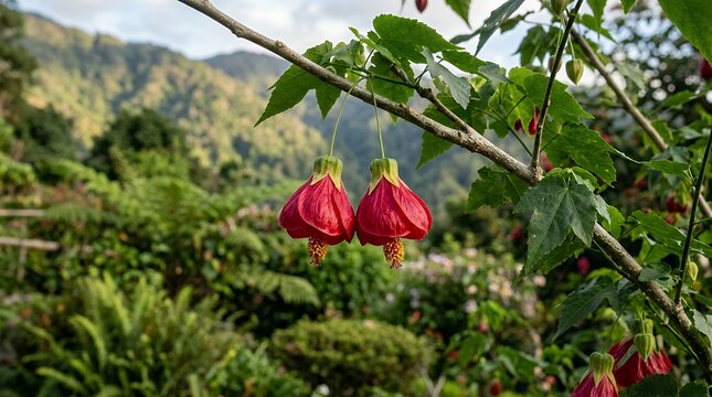 Two Beautiful Red Abutilon Mallow Flowers Hanging Gently from a Tree Branch in a Lush Mountain Garden Environment flower red mallow abutilon plant tree branch garden nature blossom bloom flora