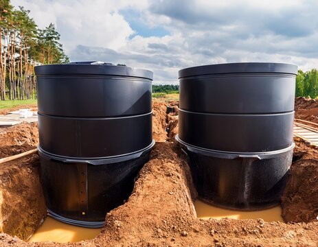 two black plastic septic tanks installed in a trench at a construction site