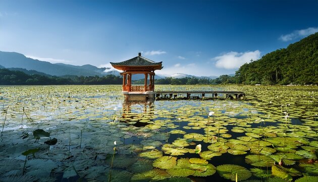 shrine on a lake covered in lily pads