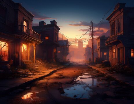 a desolate abandoned town at twilight with empty streets and wind rustling through cracked windows creating a haunting eerie calm