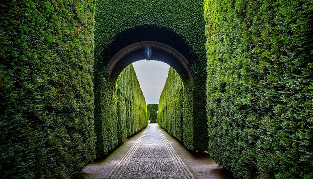 intricate green hedge maze pathway with archway