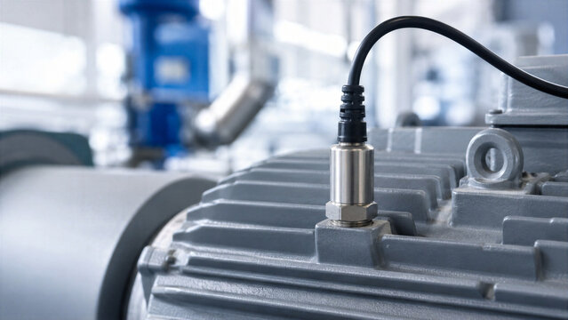 Close-up of industrial vibration sensor mounted on electric motor housing. Condition monitoring technology for predictive maintenance, engineering, manufacturing, and equipment diagnostics.