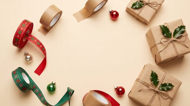 Eco-friendly Christmas craft flat lay with kraft paper gifts, festive ribbons, and holly arranged in a circular frame on a beige background for DIY holiday gift wrapping.