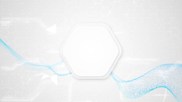Clean white 19 background features a central hexagon panel, subtle circuit details and flowing blue data waves, creating a modern video template AI, science, business digital presentations.