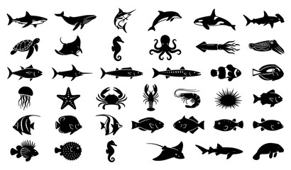 Fototapeta premium Marine animal silhouette vector icon set with shark tuna clownfish dolphin and marlin